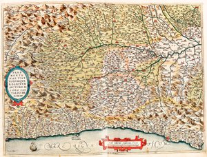 Beskrivelse av Piemonte og naboregionene av James Castaldo. Geografikart over Italias territorium fra Monaco i Frankrike til Genes og passerer gjennom provinsene Imperia de Savona og Genova fra "Theatrum Orbis Terrarum" av Abraham Ortelius ( av Abraham Ortelius