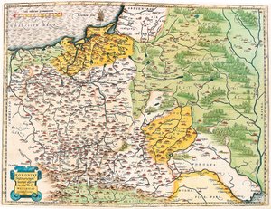 En beskrivelse av Polen og dets naboregioner. Geografikart over Polen fra "Theatrum Orbis Terrarum" av Abraham Ortelius (Oertel, Ortell eller Ortel av Abraham Ortelius