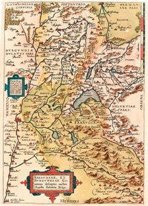 Sabaudia et Burgundiae Comitus beskrivelse Kart over territoriet til Burgund og Savoy (Pontarlier, Dijon, Lake Leman, Sveits) fra "Theatrum Orbis Terrarum" av Abraham Ortelius (Oertel, Ortell eller Ortel). av Abraham Ortelius