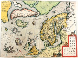 Beskriv. Geografikart over Skandinavia og Nord-Europa fra "Theatrum Orbis Terrarum" av Abraham Ortelius (Oertel, Ortell eller Ortel av Abraham Ortelius