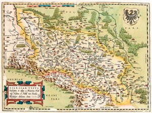 Silesia Type Beskrivelse og beskrivelse og redigert av Martin Heilwid Neilsense og edle ektemann Nicolas Rhedinger Anno 1561 Geografikart over territoriet sør for Frankfurt i Tyskland nær Polen fra "Theatrum Orbis Terrarum" av Abraham Ortelius ( av Abraham Ortelius