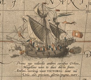 Victoria, en spansk carrack, skip av Ferdinand Magellans Armada de Molucca. Aus Maris Stillehavet av Abraham Ortelius
