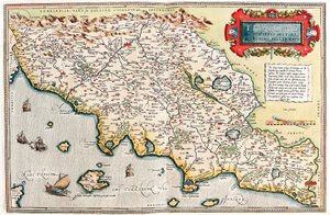 Thusciae Beskrivelse av forfatteren Hieronymo Bellamarto Geografikart over territoriet til Toscana i Italia fra "Theatrum Orbis Terrarum" av Abraham Ortelius (Oertel, Ortell eller Ortel av Abraham Ortelius