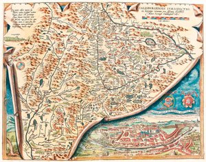Ekte beskrivelse av byen Salzburg Geografisk kart over territoriet Salsburg i Østerrike fra "Theatrum Orbis Terrarum" av Abraham Ortelius (Oertel, Ortell eller Ortel av Abraham Ortelius