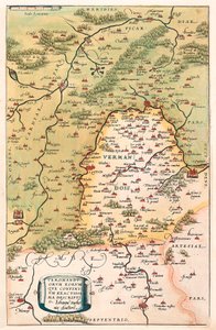 Beskriv geografikart over territoriet til Vermandois og Picardie i Gallia (Frankrike) fra "Theatrum Orbis Terrarum" av Abraham Ortelius (Oertel, Ortell eller Ortel av Abraham Ortelius