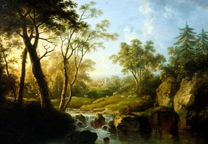 Et skogkledd landskap med en foss (olje på lerret)