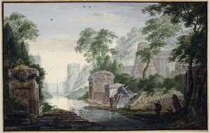 Antikke gravruiner i et elvelandskap av Abraham Rademaker