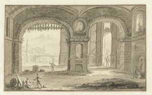 Fantasert italiensk bybilde med klassiske bygninger av Abraham Rademaker