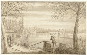 Skatere på elven Vecht, nær Maarssen, med eiendommene til Daelwijck og Vechthoven i det fjerne av Abraham Rutgers