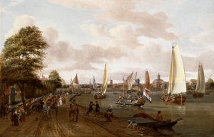 En panoramautsikt over Amsterdam med en lekter og småskip på Buiten-Amstel, av Abraham Storck