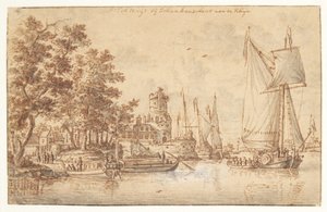 Rhinlandskap med slott og skip av Abraham Storck