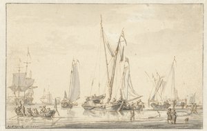 Strandutsikt med fortøyde skip av Abraham Storck