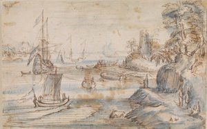 Kystlandskap med flere skip, en høy kyst med flere figurer av Abraham Willaerts