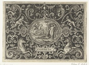 Kartusj: Perseus frigjør Andromeda ANDROMEDA (tittel på objekt) av Abraham de Bruyn