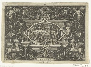 Cartouche: Phineus forstyrrer bryllupet til Perseus og Andromeda PERSEUS (tittel på objekt) Ovale kartusjer med scener fra Perseus liv i rammen av grotesker (serietittel) av Abraham de Bruyn