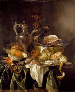 Stilleben med en sølvvinkrukke og et reflektert portrett av kunstneren, c1657