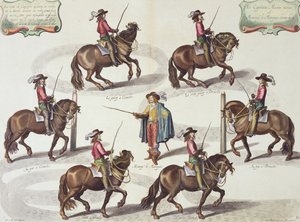 Markisen av Newcastle gir kaptein Mazin en rideleksjon, plate 15 fra The Method and New Invention of Dressing Horses av William Cavendish (1592-1676) Marquis of Newcastle, gravert av Lucas Vo