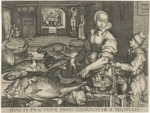 Keukenstuk met vrouw die wis schoonmacht Jesus blir gjenkjent av disiplene i brødsbrytelsen (tittel på objekt) av Abraham van Lier