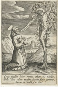 Knelende helgen før Kristus på korset av Abraham van Merlen