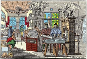 Interior of a printing factory in Nuremberg, Germany: workers at work, beginning of the 17th century - grav. by Abraham van Werdt. av Abraham van Werdt