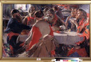 Te-tid (Te-drikking). Maleri av Abram Yefimovich Arkhipov (1862-1930). Olje på lerret, 79 x 31 cm. Russisk kunst, slutten av 1800-begynnelsen av 1900-tallet. Statens B. Kustodiev kunstgalleri, Astrakhan (Russland).