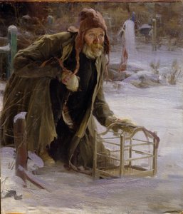 Fuglefangeren. En mann, elendig kledd, knelende i snøen, holder et bur. Maleri av Abram Yefimovich Arkhipov (1862-1930), olje på lerret