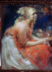 En ung bondejente (En bondepike). Maleri av Abram Yefimovich Arkhipov (1862-1930). Pastell på lerret, 88 x 71 cm