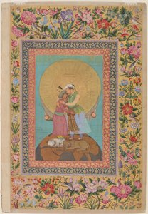 Allegorisk representasjon av keiser Jahangir og Shah Abbas av Persia, illustrasjon fra St. Petersburg Album, ca. 1618 (wc, blekk, sølv og gull på papir)