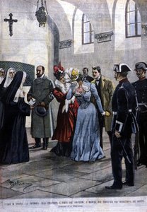 I Madrid blir en ung kvinne, Mademoiselle Ubao, revet ut av livet til en nonne i et kloster der hun var etter forslag fra jesuittene. Illustrasjon av Beltrame. Domenica del corriere. 1901. av Achille Beltrame