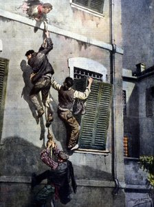En vågal flukt av fire innsatte fra Asti fengsel etter å ha brutt gjennom muren. Tegning av Beltrame. La Domenica del Corriere. 1902 av Achille Beltrame