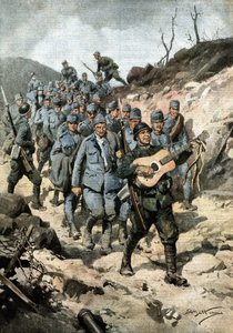 En glad helt. Etter å ha fanget førti østerrikere og en gitar i en hule, marsjerte menig Buoncompagni i spissen for gruppen av fanger som sang. ill. de Beltrame. La Domenica del Corriere. 10/1917 av Achille Beltrame