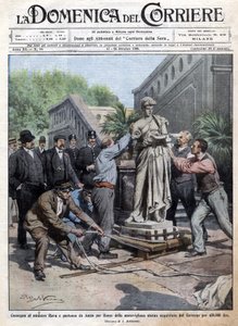 En statue kjøpt av regjeringen til 450 tusen lire blir brakt til Roma og levert til minister Rava. ill. de Beltrame. La Domenica del Corriere. 10/1909. av Achille Beltrame