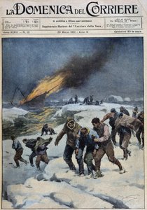 Etter eksplosjonen av hvalfangeren "Viking", den tragiske marsjen til mannskapet på jakt etter redning: denne båten (på bunnen i flamme) bar en kinoekspedisjon - dess. av A. Beltrame i "" la Domenica del Corriere""" av 29.03.1931 av Achille Beltrame