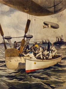 Luftskip som forsyner slagskip under reisen, av Achille Beltrame, illustrasjon, Illustrator Achille Beltrame (1871-1945), fra La Domenica del Corriere, 5. mai 1910 av Achille Beltrame