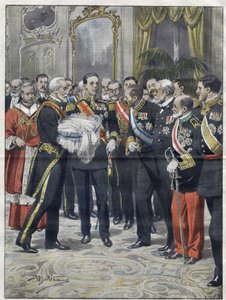 Alfonso XIII (1886-1941), konge av Spania ved presentasjonsseremonien til sønnen Alfonso (1907-1938), greve av Covadonga, prins av Asturias. Tegning av Achille Beltrame. fra 1907. av Achille Beltrame