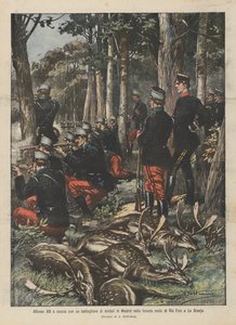 Alfonso XIII på jakt med en bataljon av Madrid-soldater i den kongelige skogen Rio Frio i La Granja