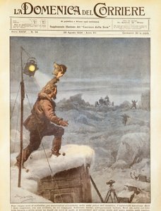 Amerikansk oppdagelsesreisende, Richard E Byrd, får selskap av ledsagere i Antarktis etter å ha vært alene i fem måneder, av Achille Beltrame, illustrasjon, illustratør Achille Beltrame (1871-1945), fra La Domenica del Corriere, 26. august 1934 av Achille Beltrame