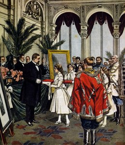 Jubileum for forfatteren av Quo Vadis?, presentasjon av gaver til Sinkievicz i Warszawa, illustrasjon av Achille Beltrame, La Domenica del Corriere, nr. 3, 20. januar av Achille Beltrame