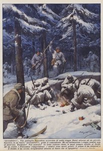 Overgi deg! En finsk patrulje omkranser fem russere om natten rundt en liten brenneovn i en skog