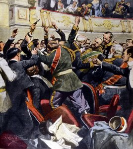 Angrep mot den russiske ministeren Stolypin i det kommunale teateret i Kiev. Illustrasjon av Beltrame av Achille Beltrame