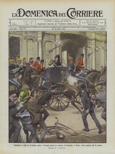 Angrep med revolverskudd mot suverene ledet med bil til Pantheon, i Roma, om morgenen 14. mars av Achille Beltrame