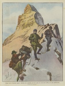 En dristig test av menneskelig energi, fjellklatrer som erobrer, med to guider, toppen av Matterhorn, i hjertet av vinteren
