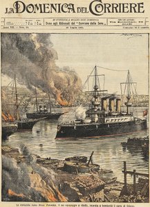 Slagskipet Potemkin bombarderer Odessa, av Achille Beltrame, illustrasjon, illustratør Achille Beltrame (1871-1945), fra La Domenica del Corriere av Achille Beltrame