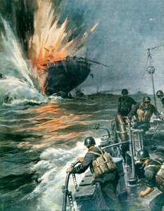 Britisk handelsskip senket av italienske MAS i Middelhavet 3. august av Achille Beltrame