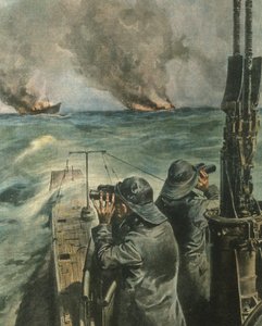 Forsideillustrasjon av anglo-amerikanske dampskip som ble torpedert utenfor kysten av Vest-Afrika under andre verdenskrig av Achille Beltrame