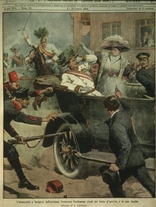 Omslagsillustrasjon av attentatet på erkehertug Franz Ferdinand av Østerrike, arving til den østerriksk-ungarske tronen, Sarajevo av Achille Beltrame