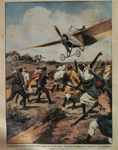 Forsideillustrasjon av kaptein Moizo som forsøkte en krasjlanding under den afrikanske kampanjen, av Achille Beltrame (1871-1945), fra La Domenica del Corriere, 22. september 1912 av Achille Beltrame