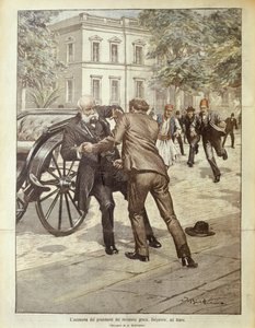 Forsideillustrasjon av attentatet på den greske statsministeren Delyannis; Athen, Hellas av Achille Beltrame