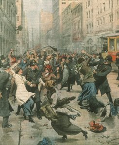 Forsideillustrasjon av kvinner som protesterer mot arbeidsledighet på gaten; New York, USA av Achille Beltrame