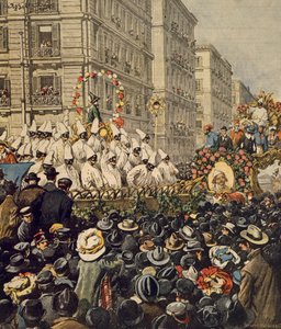 Folkemengder under karneval i Napoli, av Achille Beltrame, illustrasjon, illustratør Achille Beltrame (1871-1945), fra La Domenica del Corriere, 31. januar 1904 av Achille Beltrame